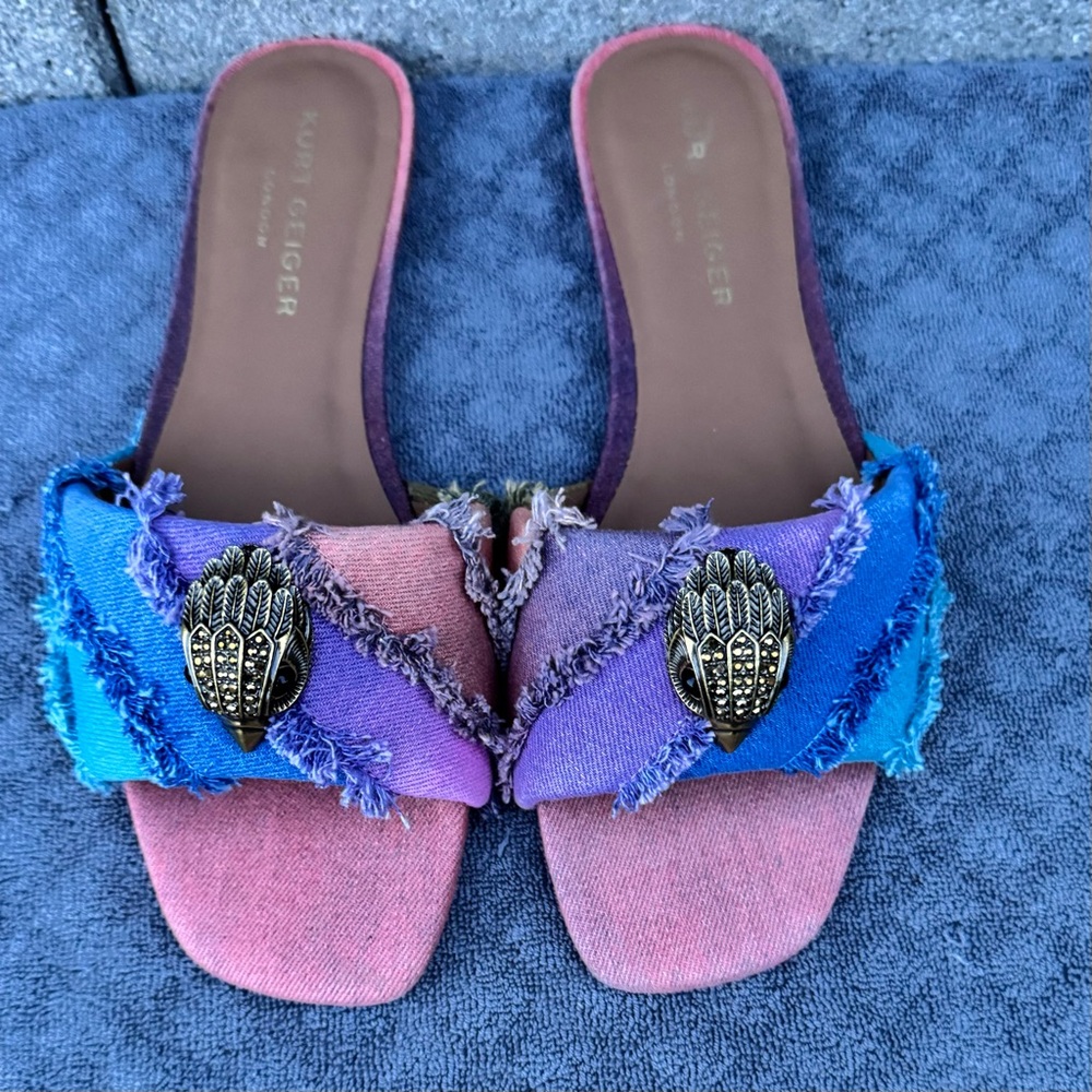 Kurt Geiger Multicolor Denim Slide Mules in Pink, Purple & Blue Size US 10